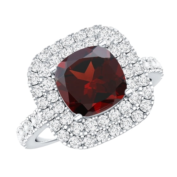 Rosec Jewels Natural Garnet Cushion Cut Engagement Ring with Moissanite Halo - 3 Carat - Vintage Style Ring for Women - AAA Grade, 925 Sterling Silver, US 4.00