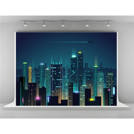 Image of HelloDecor 7x5ft City Photography Backdrops Building Lighting Background for Photographer Aircraft Studio