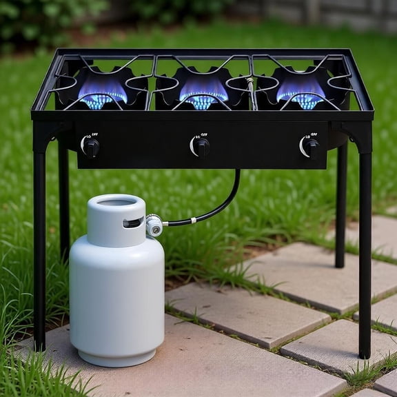 225000 BTU Three Burner Propane Gas Stove High Pressure Outdoor Camp Cooker Portable Cast Iron Head Adjustable Regulator Removable Legs for Camping Fishing Tailgating Home Brewing Patio Cooking
