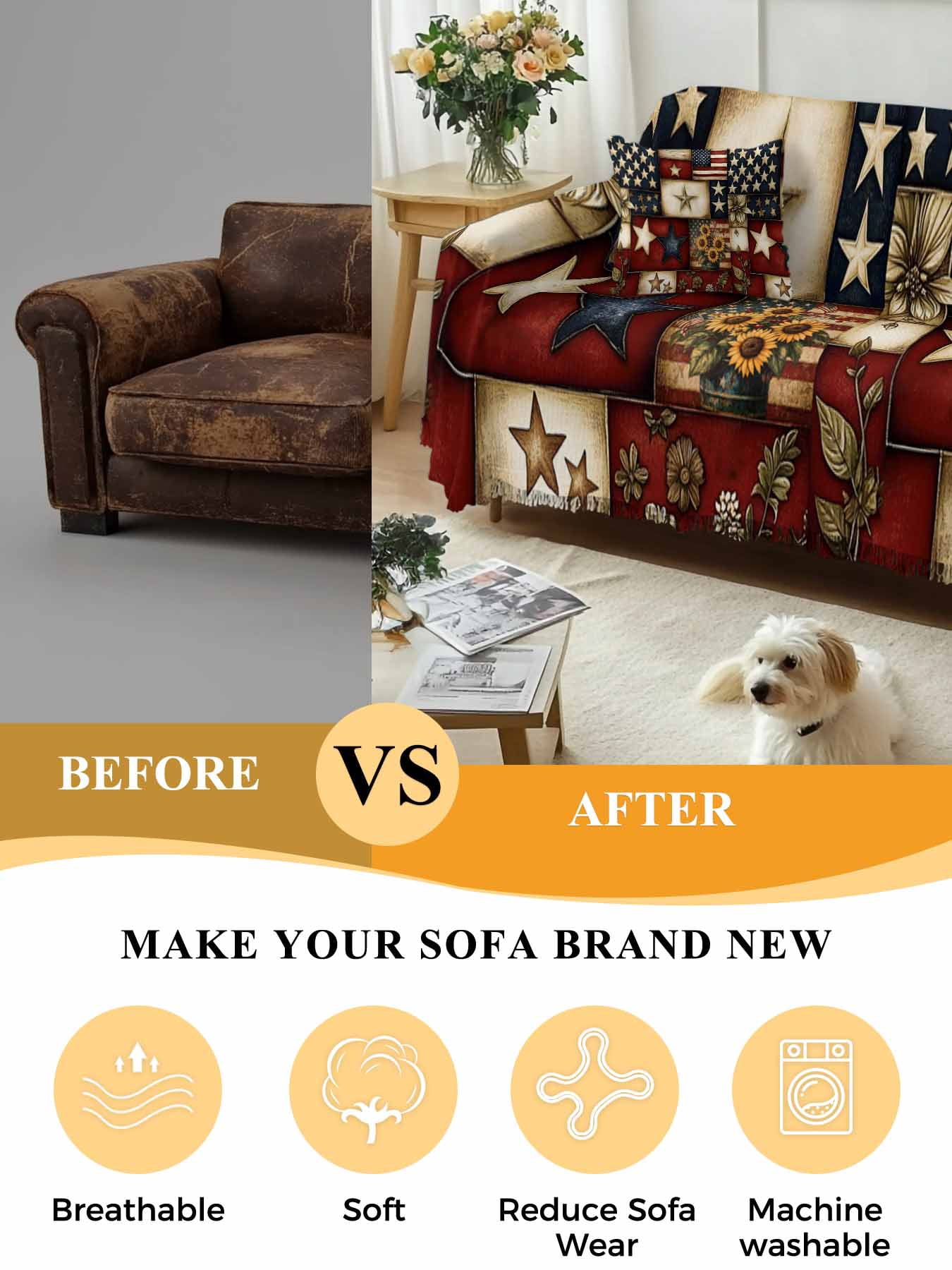 American Flag Sofa Covers for 2-3 Cushion Couch L-Shaped Sectional, Texas Star Farmhouse Sunflowers Blue Red Washable Sofa Covers Slipcover for Living Room Furniture, Couch Cover Blanket 71"x134"