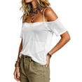 thumbnail image 5 of Craaazy Women Short Sleeve Tops Relaxed Fit Solid Color Cold Shoulder Mesh T-Shirts Breathable Fabric for Going Out and Casual Wear, 5 of 8