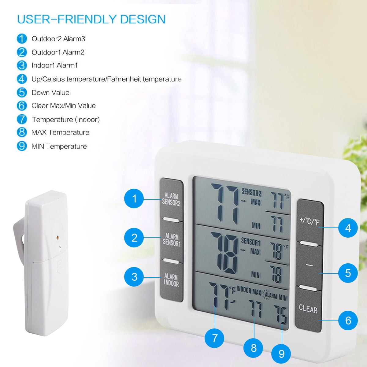 Brifit Refrigerator Thermometer, Wireless Digital Freezer Thermometer with 2 Sensors, Audible Alarm, Min and Max Record, Large LCD Display for Home