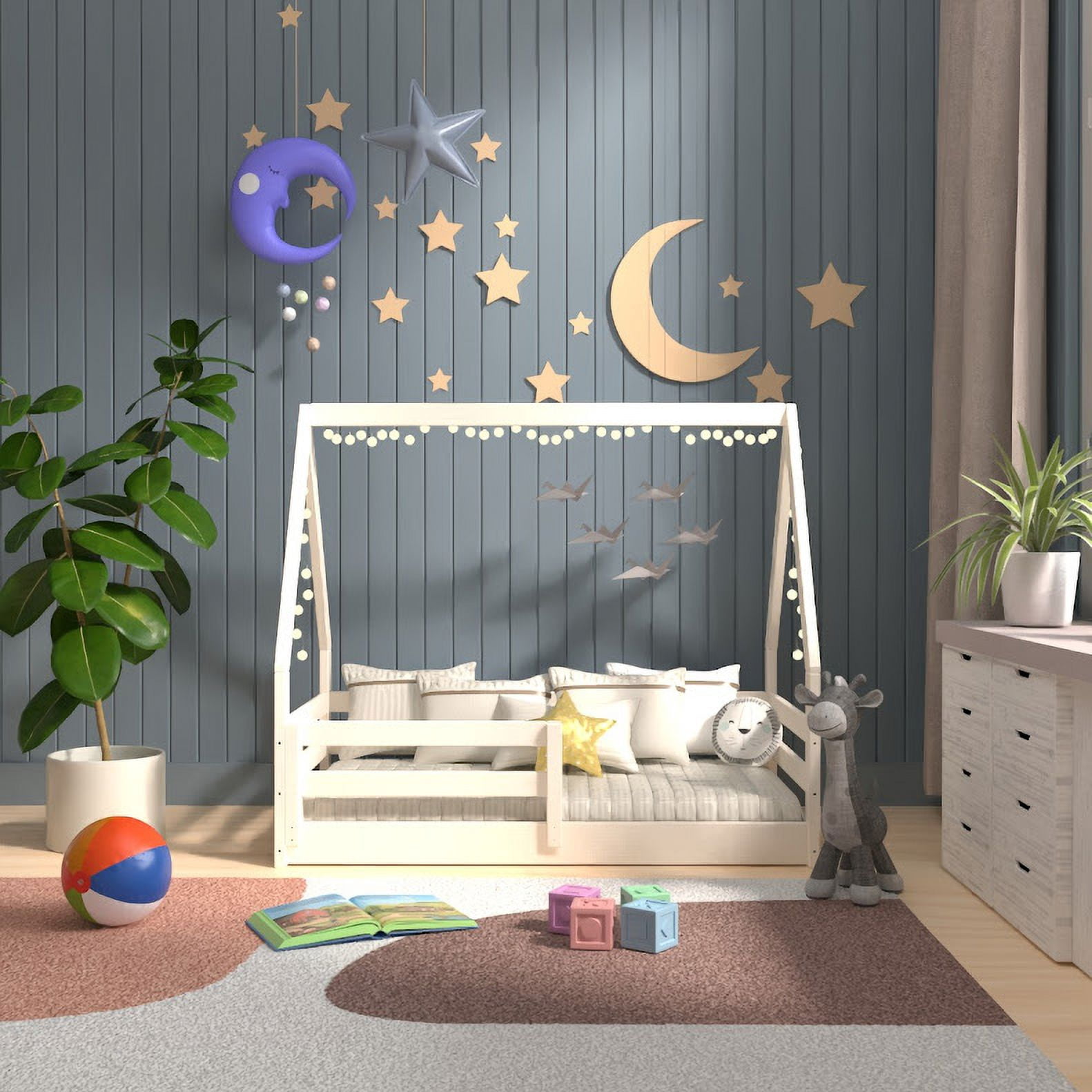 From the Tree Furniture Toddler House Bed with Guardrails, White, Solid Pine Wood