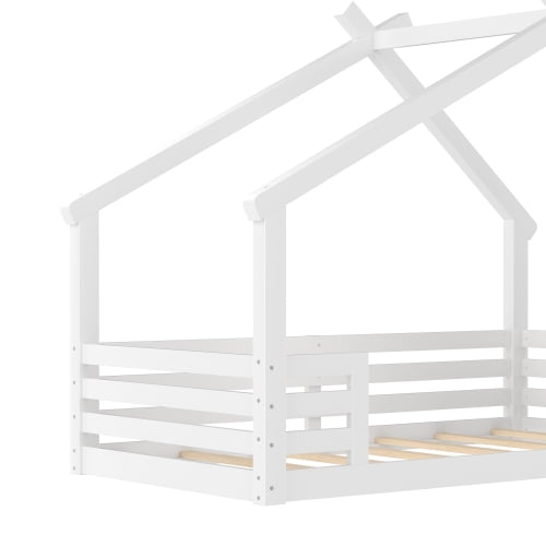 Bellemave Twin House Floor Bed with Window and Shelf, Solid Wood Montessori Bed with Roof, Low to Ground House Bed with High Fence for Bedroom, White