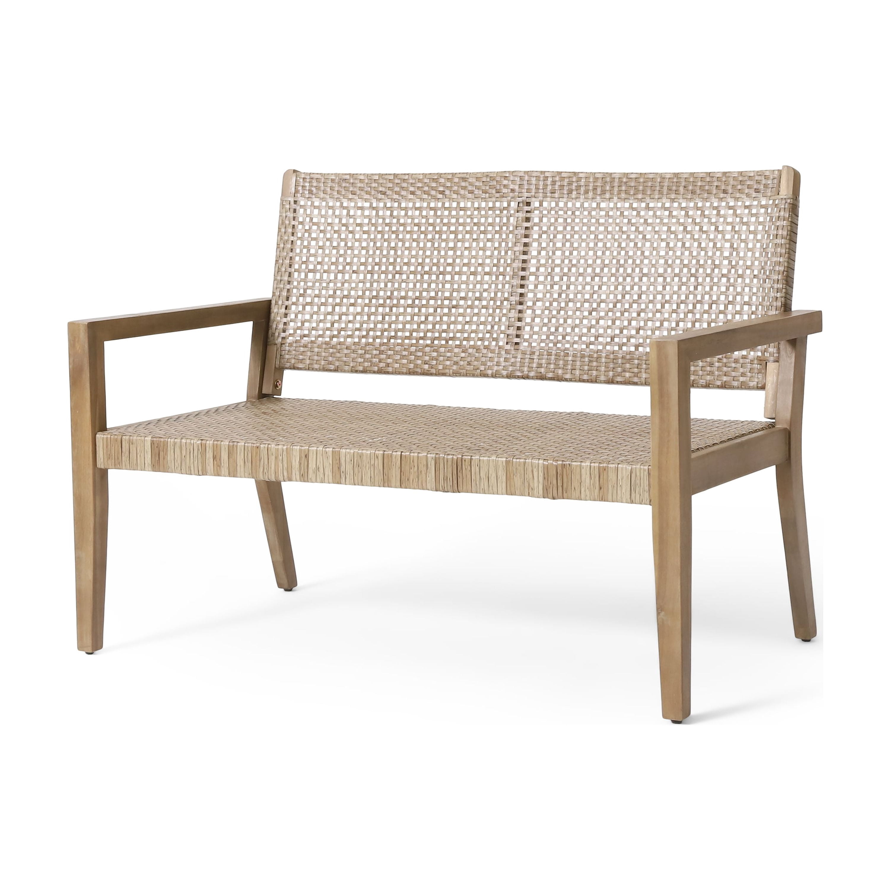 Outdoor Double Seat Sofa, Combined Wicker and Acacia Wood Structure for Patio Garden, Light and Light Brown