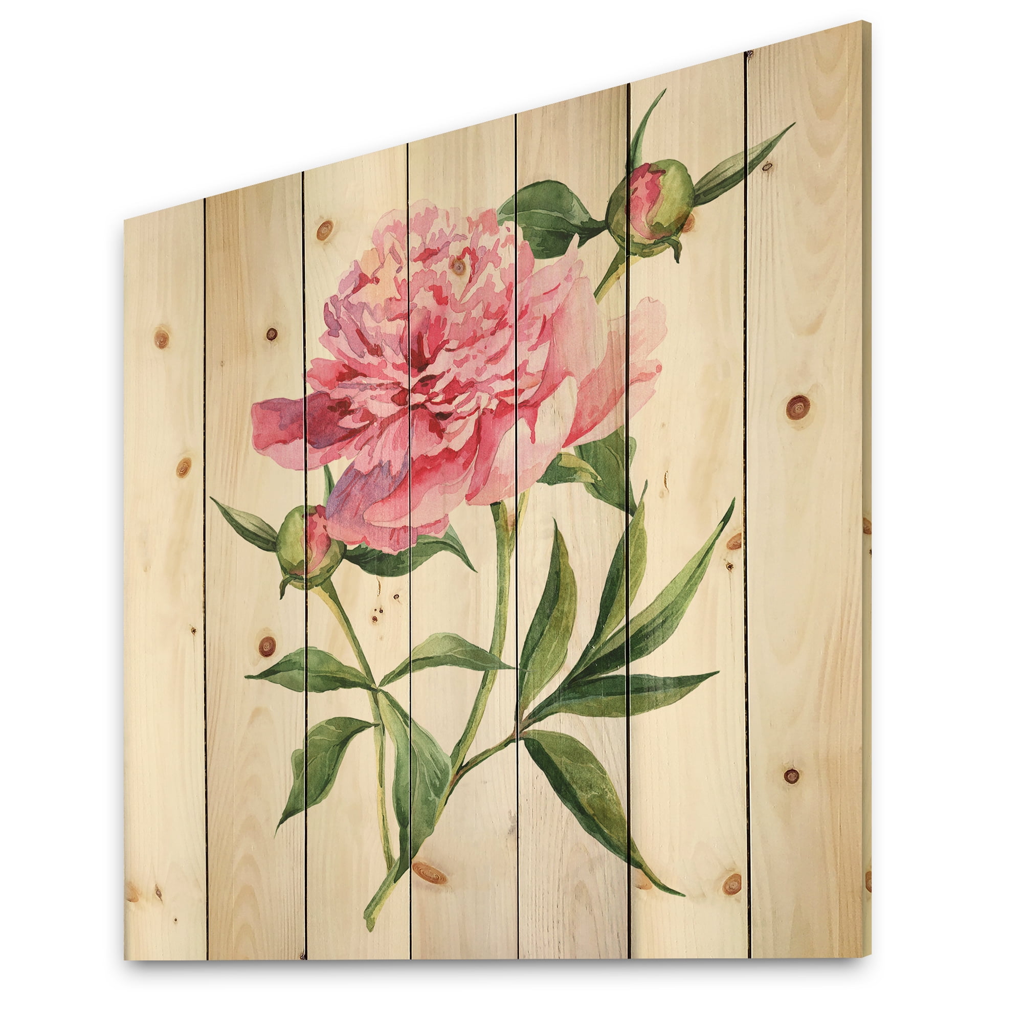 Designart 'Ancient Pink Peonies' Traditional Print on Natural Pine Wood