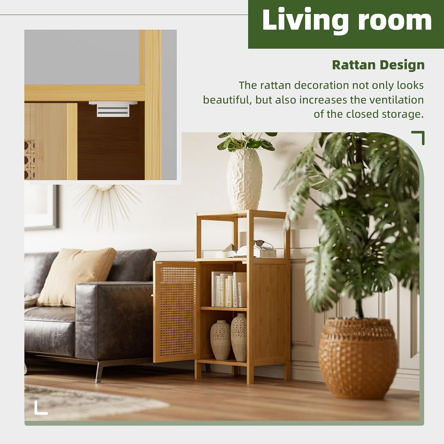 Bamboo Floor Cabinet, Bathroom Storage Organizer Rack with Single Rattan Door and 1 Shelf, Small Wooden Side Cupboard Stand for Entryway, Laundry, Kitchen, Living Room (Natural)