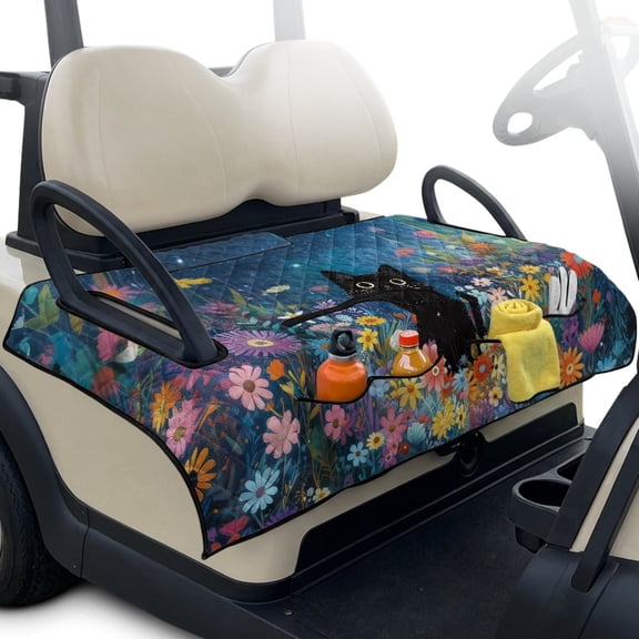 Whosucclay Black Cat Floral Pattern Golf Cart Seat Towel, 51.18 x 30.3 inches Storage Pockets Foldable Folding Golf Cart Seat Covers with Reusable 4 Pockets