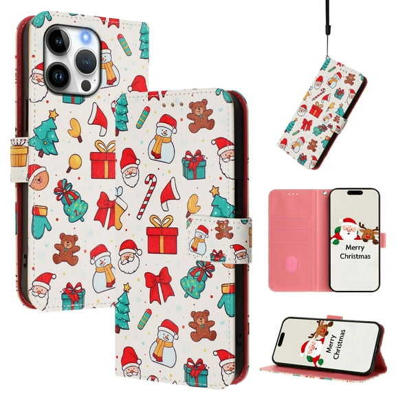 Phone Case for iPhone 12 Pro Max, Luxury Christmas Pattern Card Slots Cash Pocket Magnetic Clasp Full Body Protection Shockproof Kickstand Wallet Flip Case with Wrist Strap for iPhone 12 Pro Max, A