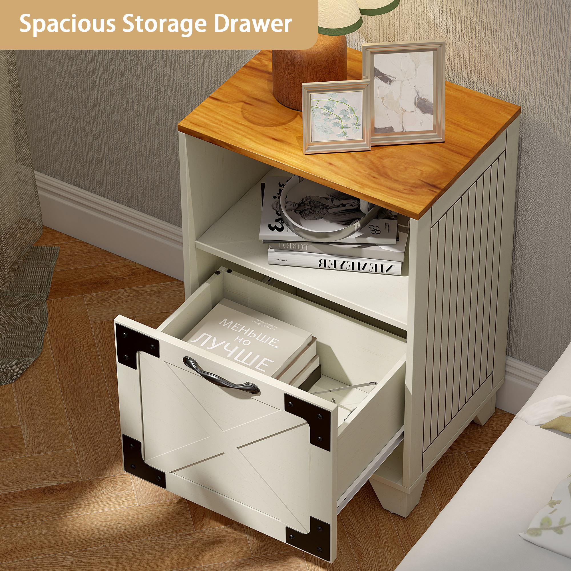 Manxile Fluted 2-Drawer Nightstand with Charger Station, Farmhouse Nightstand Storage Shelf, Bedside Table for Bedroom Living Room