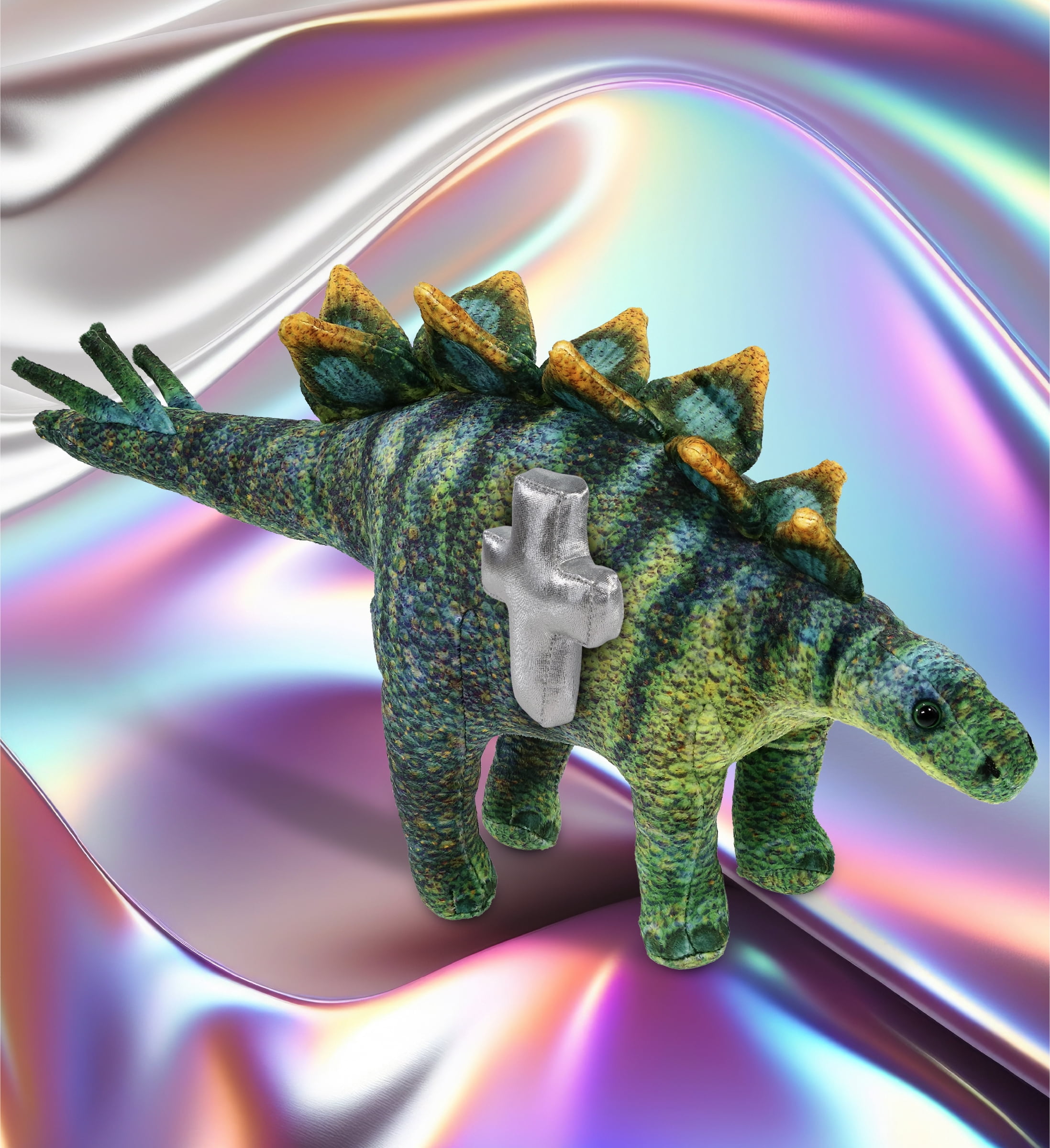 DolliBu Wild Collection Stegosaurus Dinosaur Stuffed Animal with Silver Cross Plush - Baptism Gifts for Boys and Girls, Dedication Christening Gifts Plush Prayer Toy Healing Stuffed Animal - 18.5 Inch