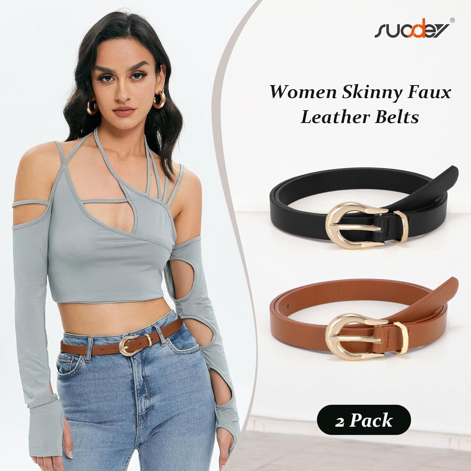 2 Pack Women Skinny Belt Thin Waist Belt with Fashion Gold  display picture 3