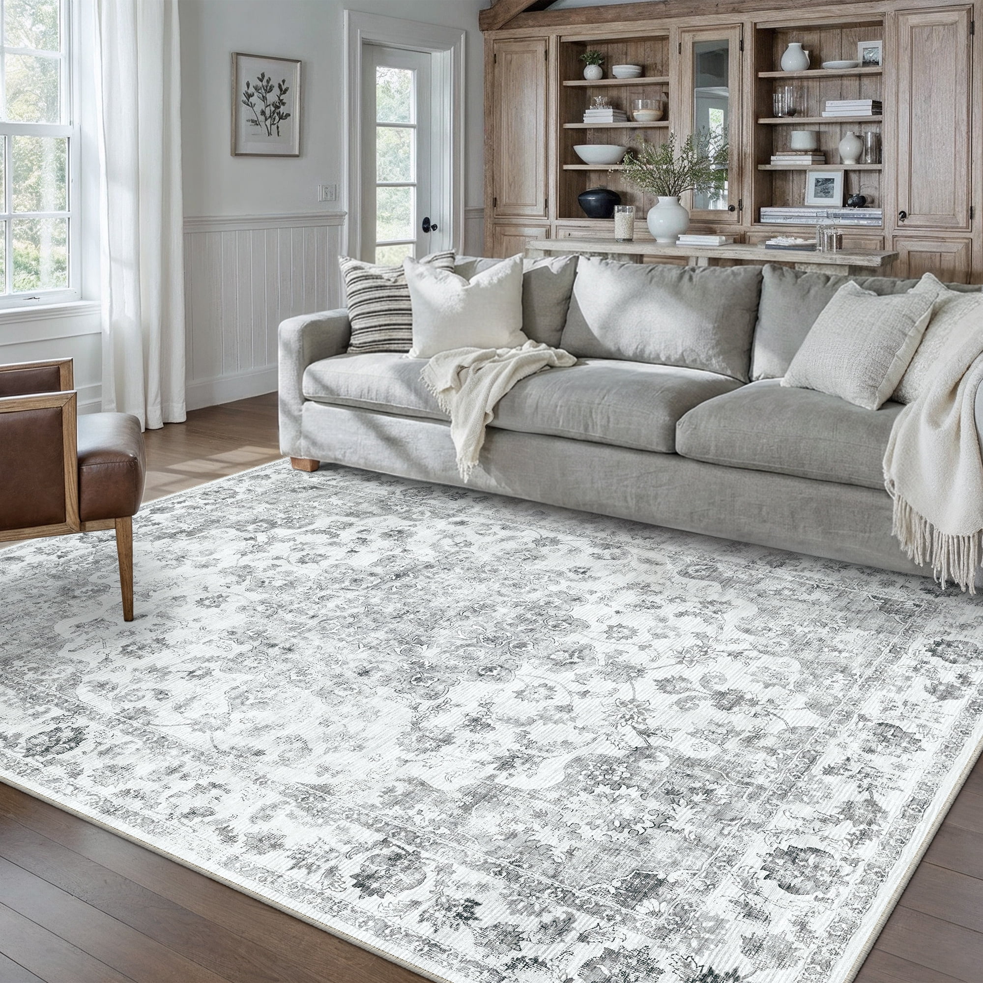 WIPONKEN 5x7 Area Rugs for Living Room Bedroom Dining Room Office Farmhouse, Machine Washable Non Slip Vintage Persia Rug Gray