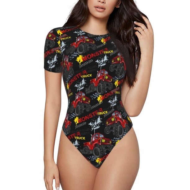 Fotbe Monster Truck Body de Mujer con Cuello Redondo y Mangas Cortas, Sin Mangas Ajustado, Suave, Cómodo y Básico-Large