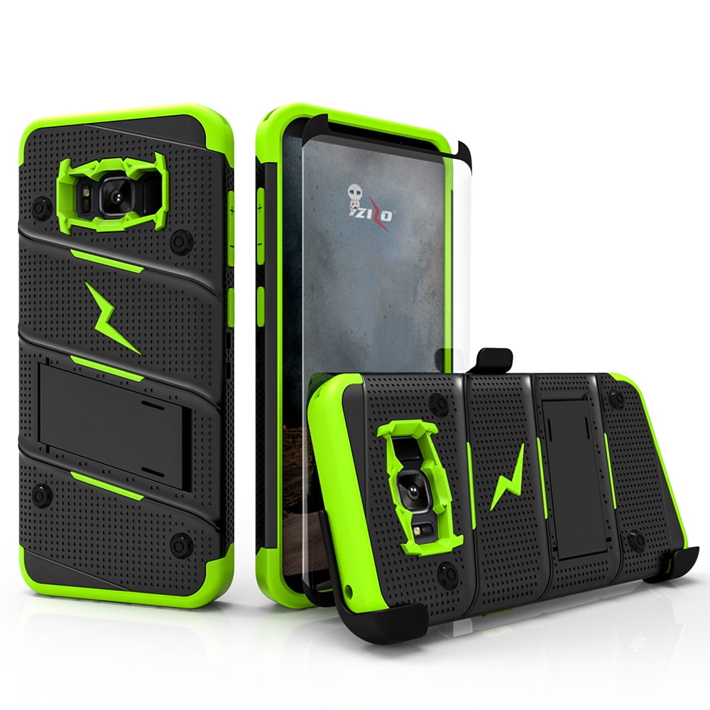ZIZO BOLT Series for Samsung Galaxy S8 Case Military Grade Drop Tested with Tempered Glass Screen Protector, Holster BLACK NEON GREEN