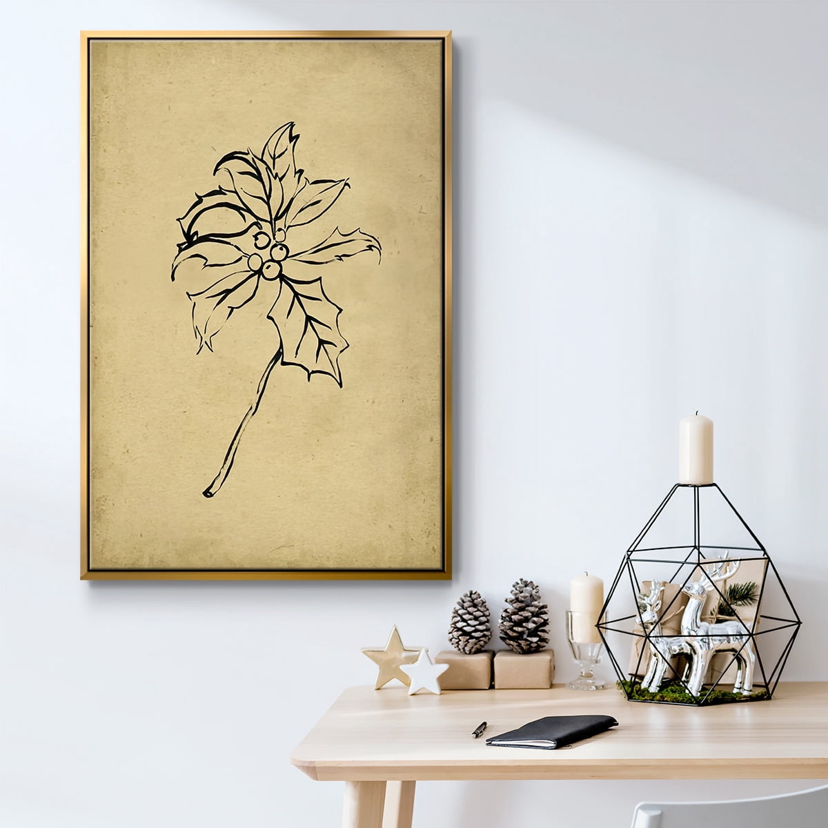 Holly Branch II - Framed Gallery Wrapped Holiday Canvas - 25 x 37 - Gold Frame