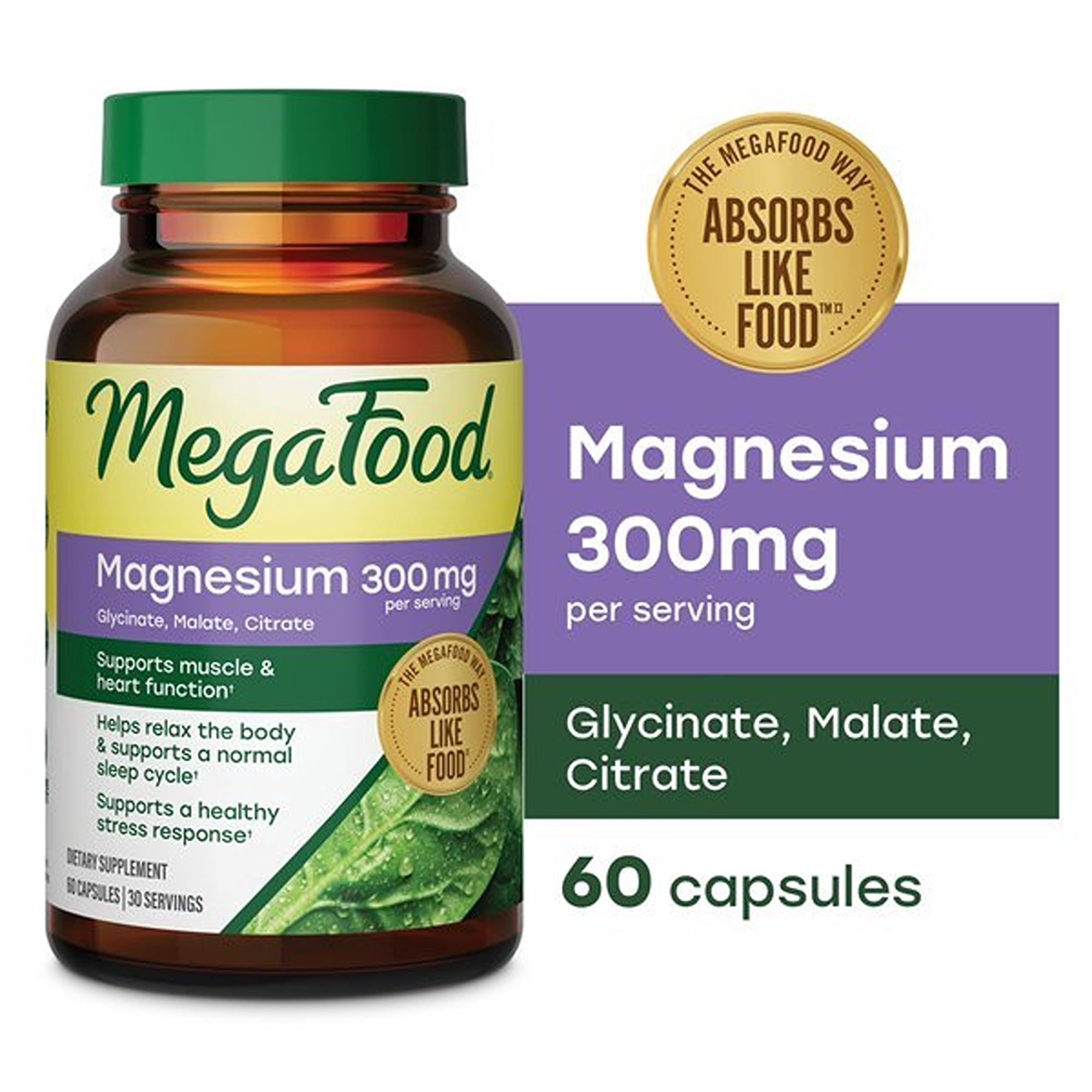 MegaFood Magnesium 300mg - Glycinate, Citrate, Malate for Heart, Bone, Nerve Health & Normal Sleep Cycle - 30 Servings