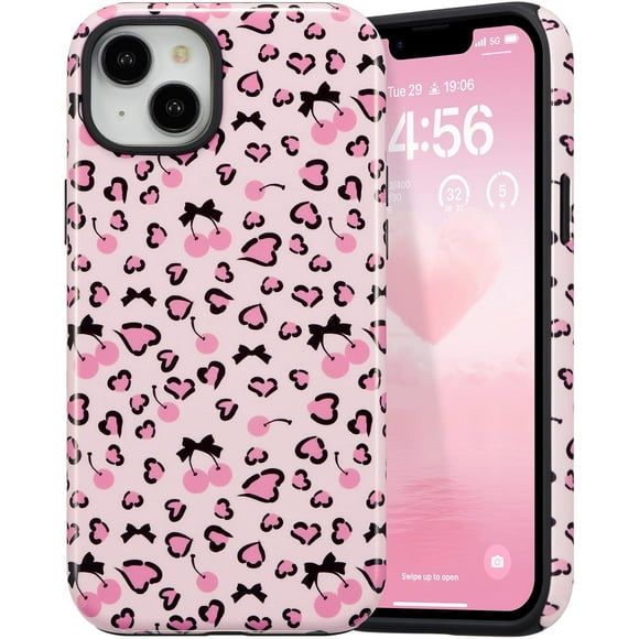 TEMOGU-Case for iPhone 14 Plus/iPhone 15 Plus, Cute Pink Bow Cherry Print Aesthetic Trendy Pattern for Women Girls Slim Durable Bumper Shockproof for iPhone 14 Plus/iPhone 15 Plus Case, Tiny/Glossy