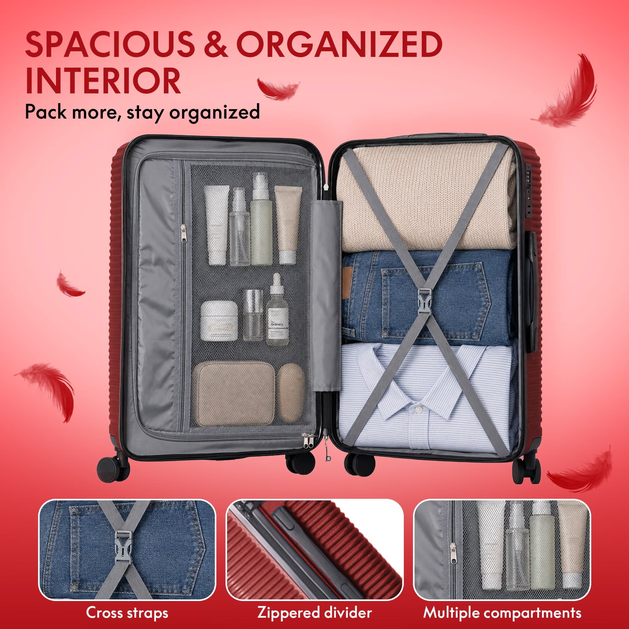 avobird 3-Piece ABS Hardshell Luggage Set – Lightweight and scratch-resistant, featuring silent 360° spinner wheels and TSA-approved locks, 20"/24"/28", Wine Red