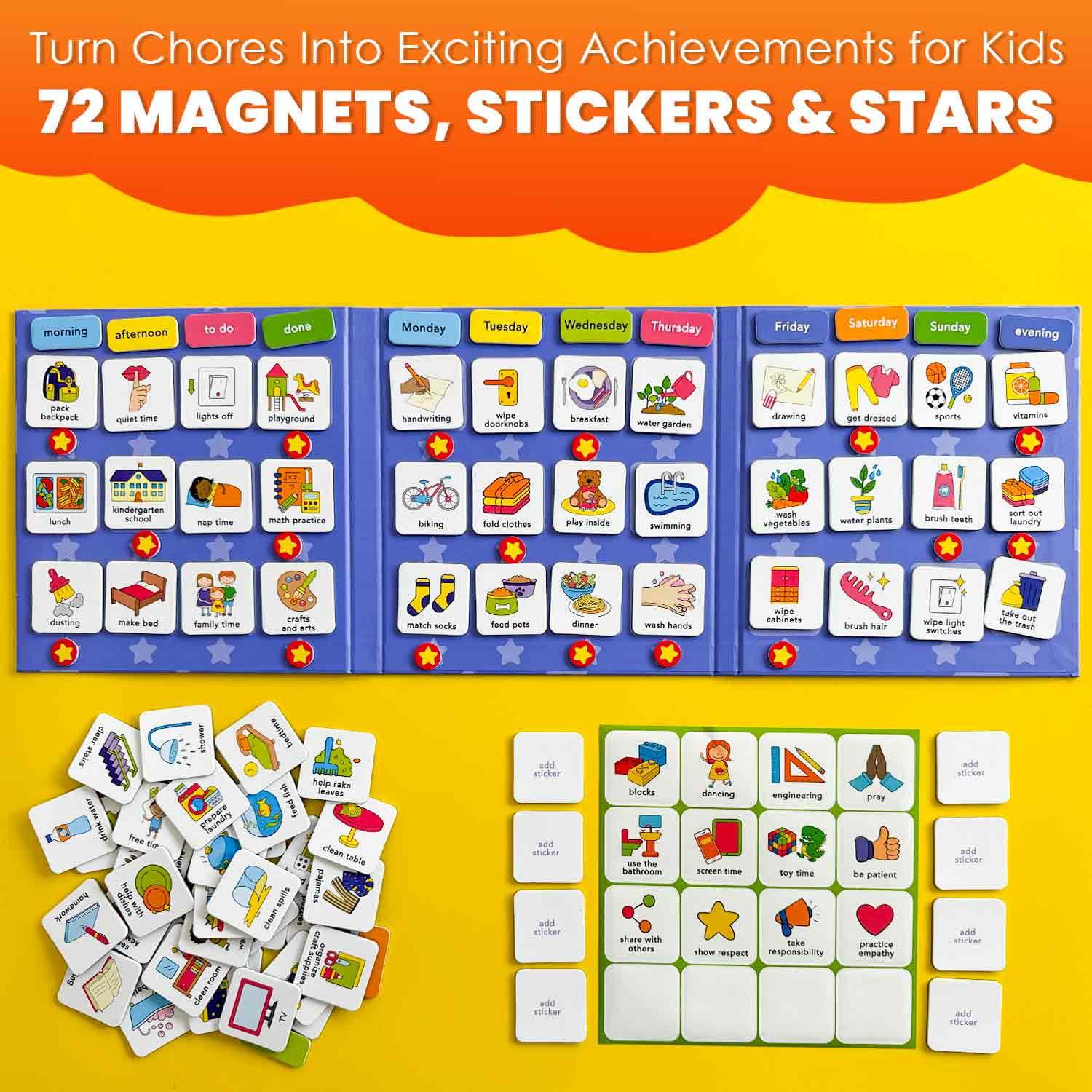 Quokka Magnetic Chore Chart for Kids - Behavior Chart for Kids - 72 Routine Magnets & Star Rewards