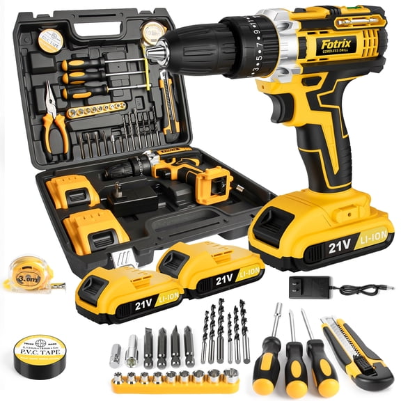21V Cordless Drill, 2 Speed, Keyless 3/8" Chase Drill with LED Light, Equipped, Two batteries&plastic case packaging