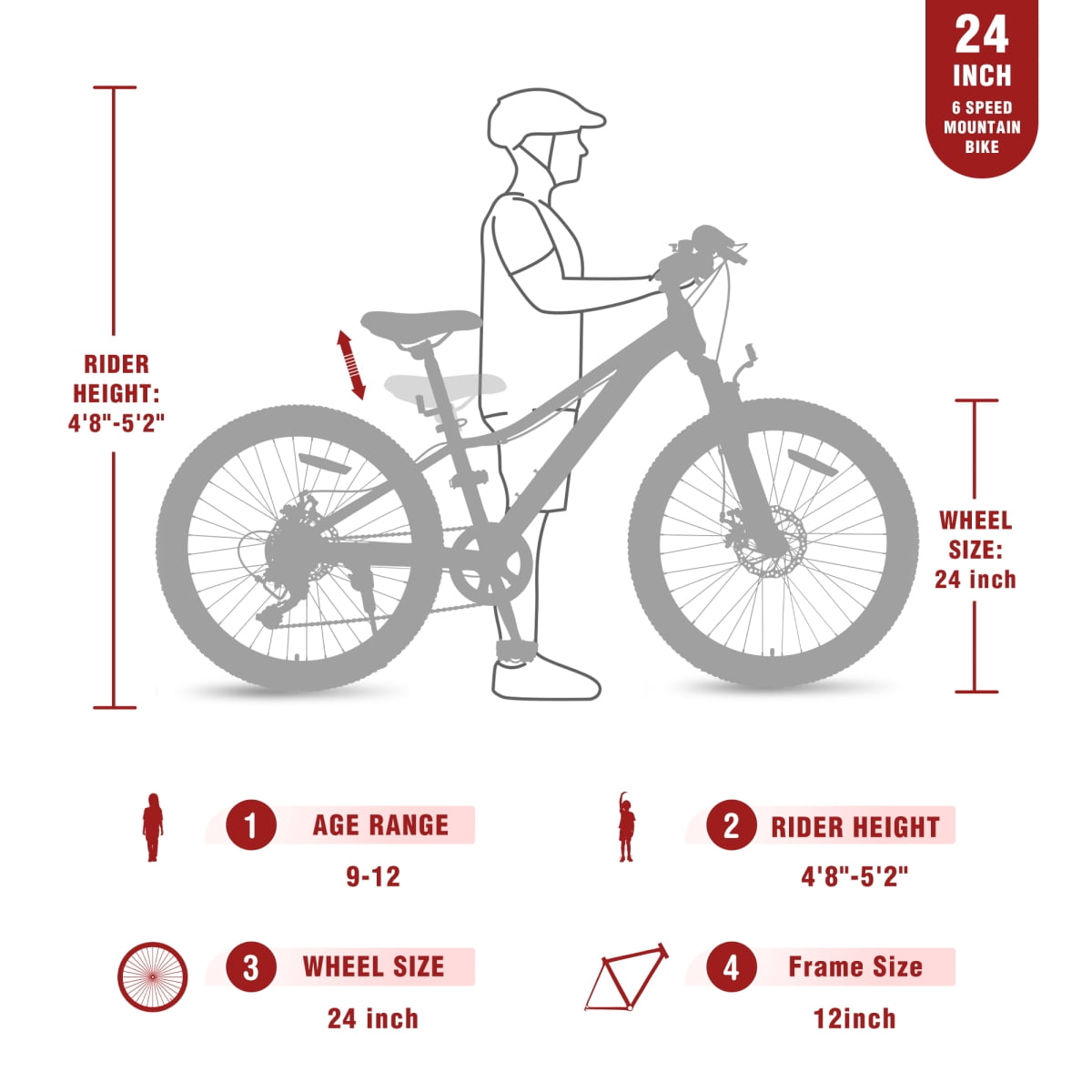 LuckyNote 24 Inch 6-Speed Mountain Bike, Steel Frame, Front & Rear Disc Brakes, Suspension Fork, Red