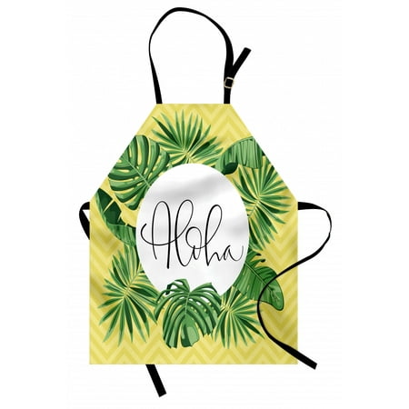 

Aloha Apron Pencil Drawing with Leaves on Zigzag Pattern Unisex Kitchen Bib with Adjustable Neck for Cooking Gardening Adult Size Fern Green Pastel Yellow by Ambesonne