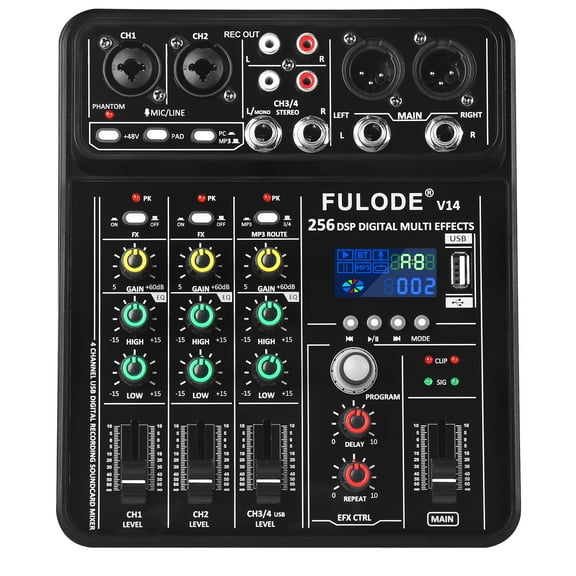 4 Channel Mixer DJ Audio Mixing Console with 256DSP, Small Music Sound Mixer Board Supports USB Bluetooth MP3 Computer Input, 48V Phantom Power & PAD Function for Recording Studio Streaming