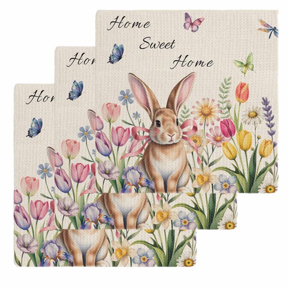 Beige Easter Kitchen Dish Towels for Drying Dishes Set of 3, Spring Watercolor Vintage Tulip Flower Plant Waffle Weave Microfiber Hand Tea Bathroom Towels Quick Dry & Absorbent Towel 12x12