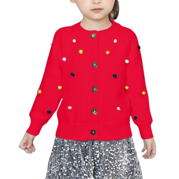 Coerni Girls Cardigan Sweaters Colorful Hairball Long Sleeve Knitted Outerwear Button-Up Cute Comfy Kids Fall Clothes
