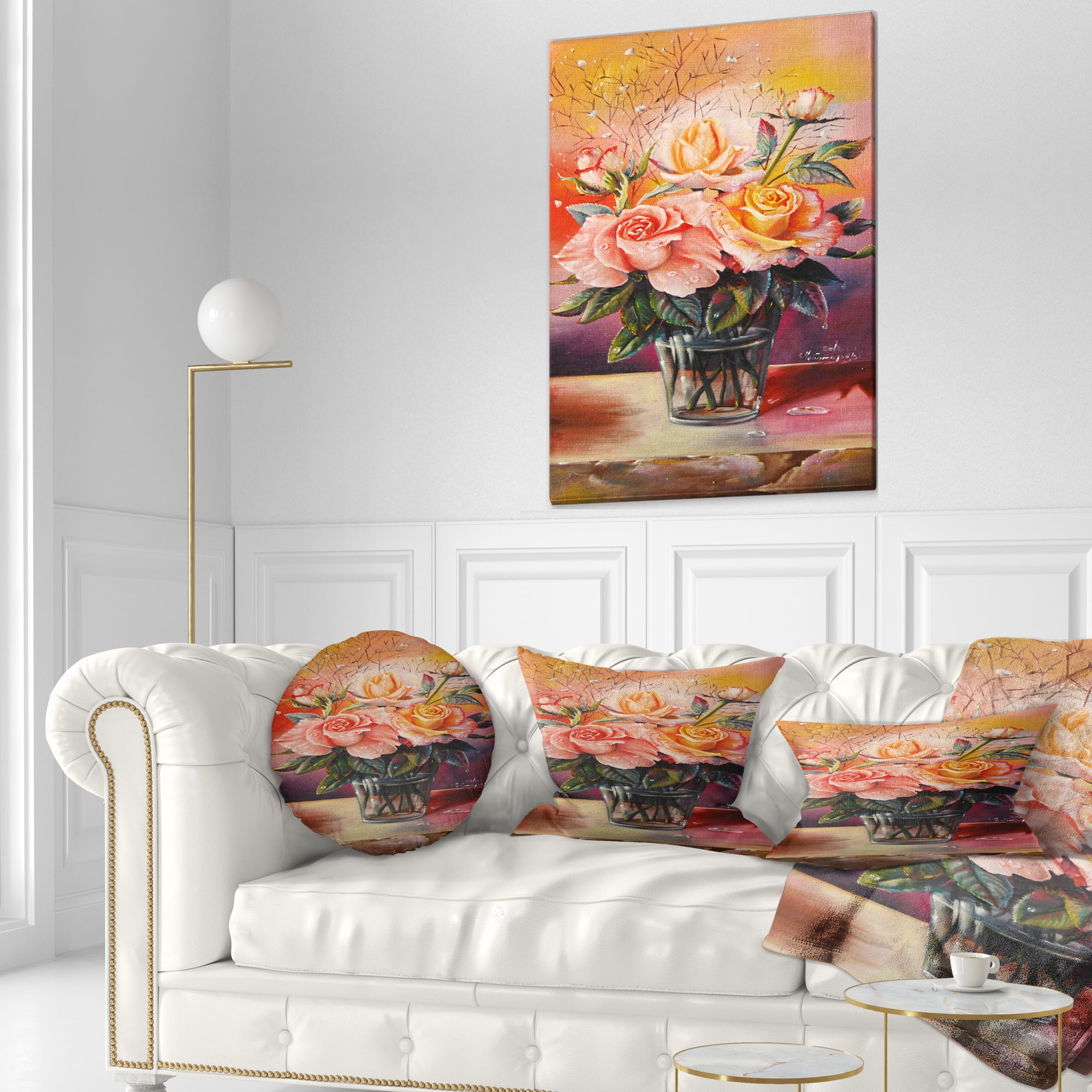 Designart Roses on Marble Table - Floral Throw Pillow - 12x20