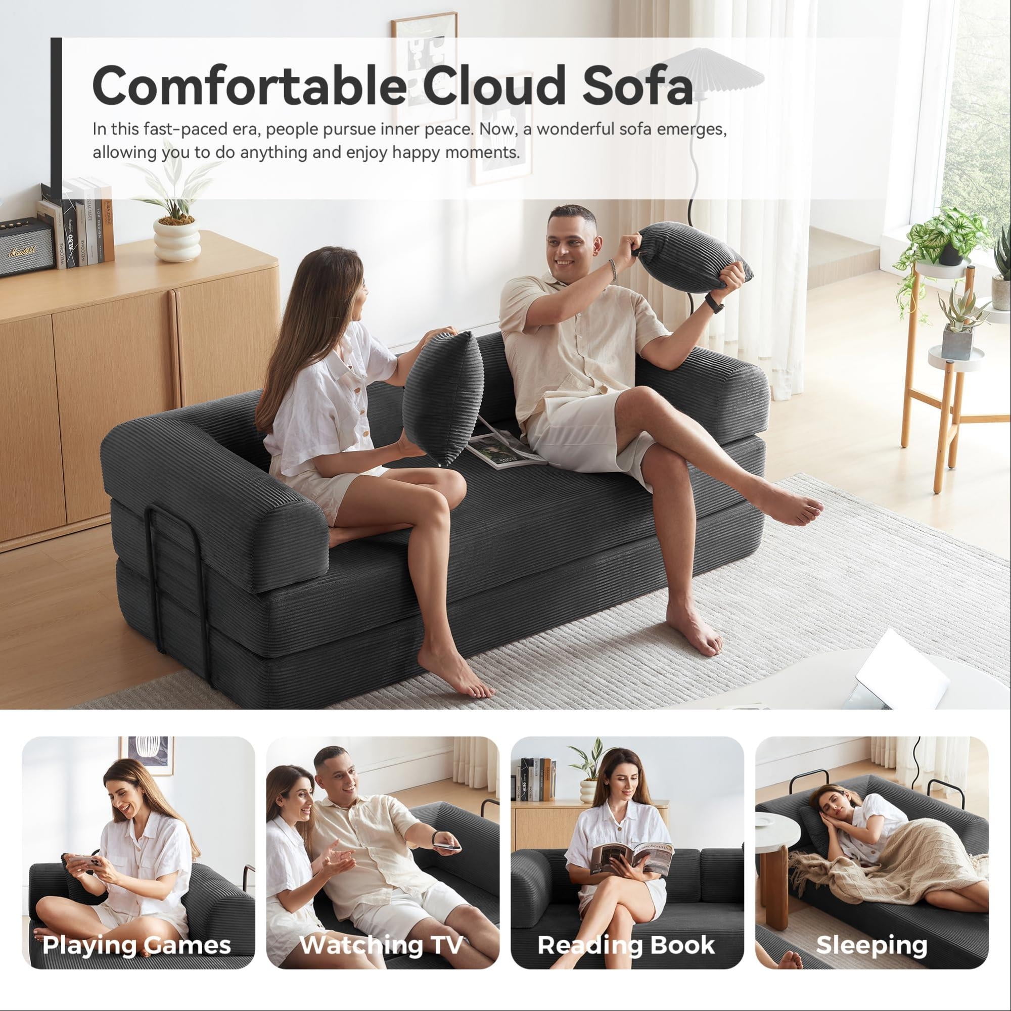 Aukfa 79" Chaise Futon Convertible Sofa Bed Boneless Couch with Fixed Frame, 2 Pillows, King Size, Corduroy, Black