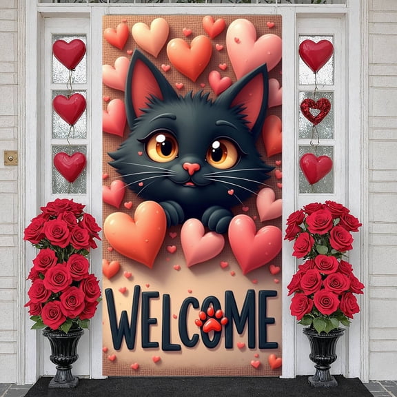 Heart-shaped Hugs & Kisses Banner Red Love Display Puppy Pattern Rose Decor Heart Backdrop for Valentine's Day Party Romantic Date Anniversary Celebration