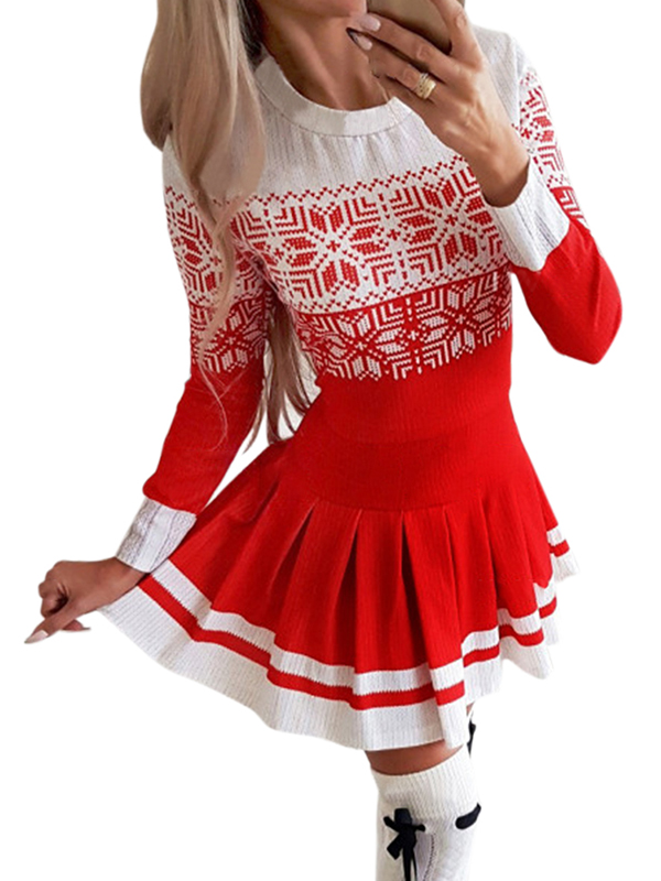 Women Long Sleeve V Neck Chrismas Dress Xmas Costume Plaid Patchwork A Line Dresses with Pocket