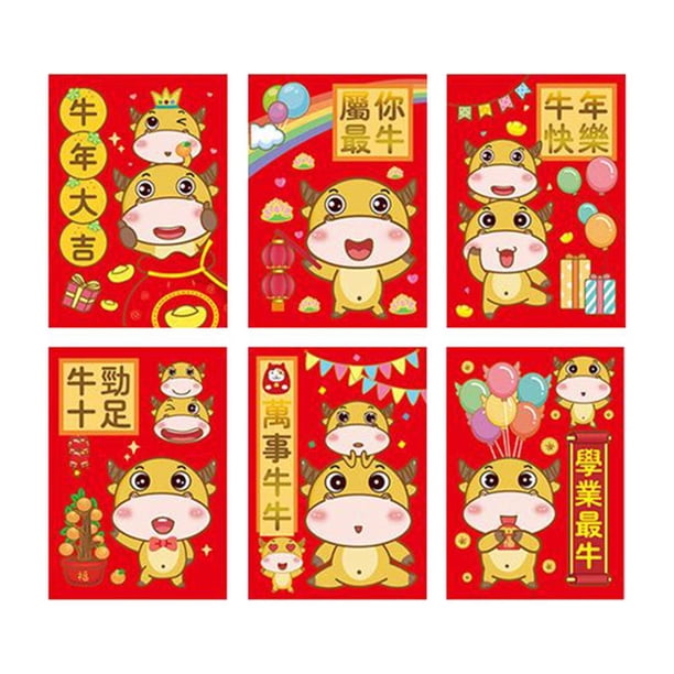 6 sobres rojos chinos, 2021 año de nuevo año de buey Hong Bao paquetes de dinero de el , boda, cumpleaños de Estilo5