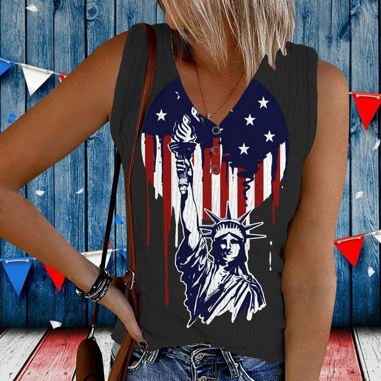 American Flag Button V-Neck Tank Tops Women 4th of July Shirts Patriotic  Tank Shirt USA Flag Stars Stripes Independence Day Print T-Shirt Comfy  Tunic