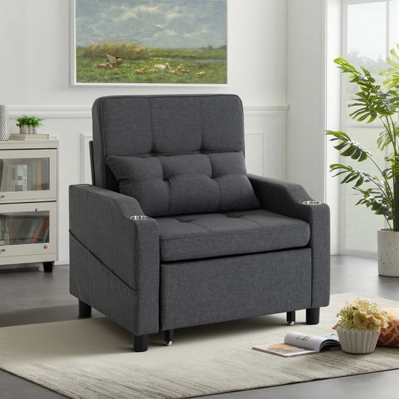 Sleeper Chair,Single Armchair Sofa with Pillow,Adjustable Backrest Modern Pull Out Couch Bed with USB Port Cup Holder Side Pocket,Dark Grey