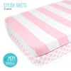 Pack N Play Playard Sheet Set - 2 Pack - Fitted, Soft Jersey Cotton Portable Crib Sheet - Baby Bedding in Pink Stripes & Polka Dots by Mumby