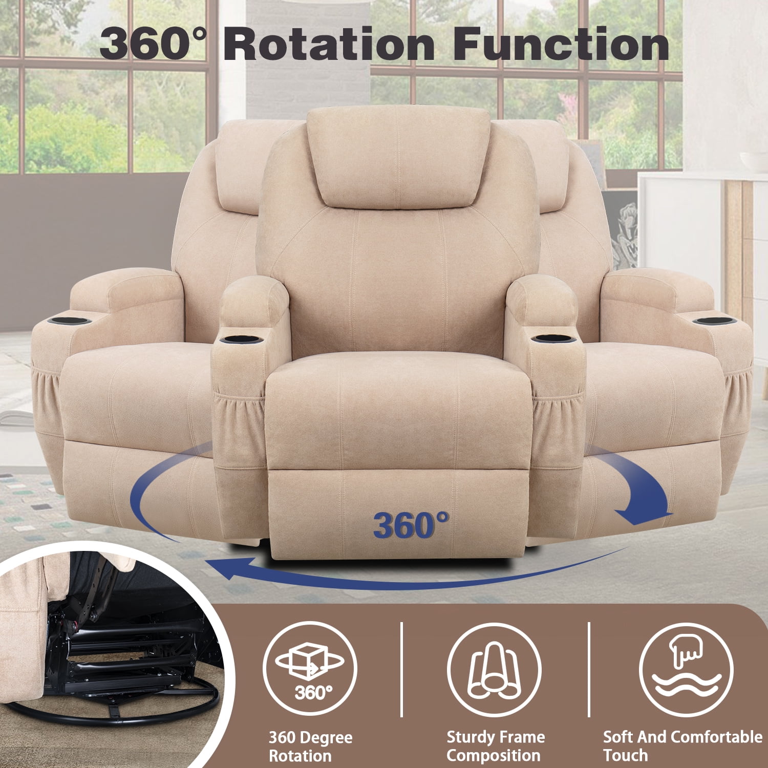 Homall Swivel Rocking Recliner Chair Massage Fabric 360 Swivel Rocker Recliner Living Room Chair Home Theater Seating,Fabric Beige