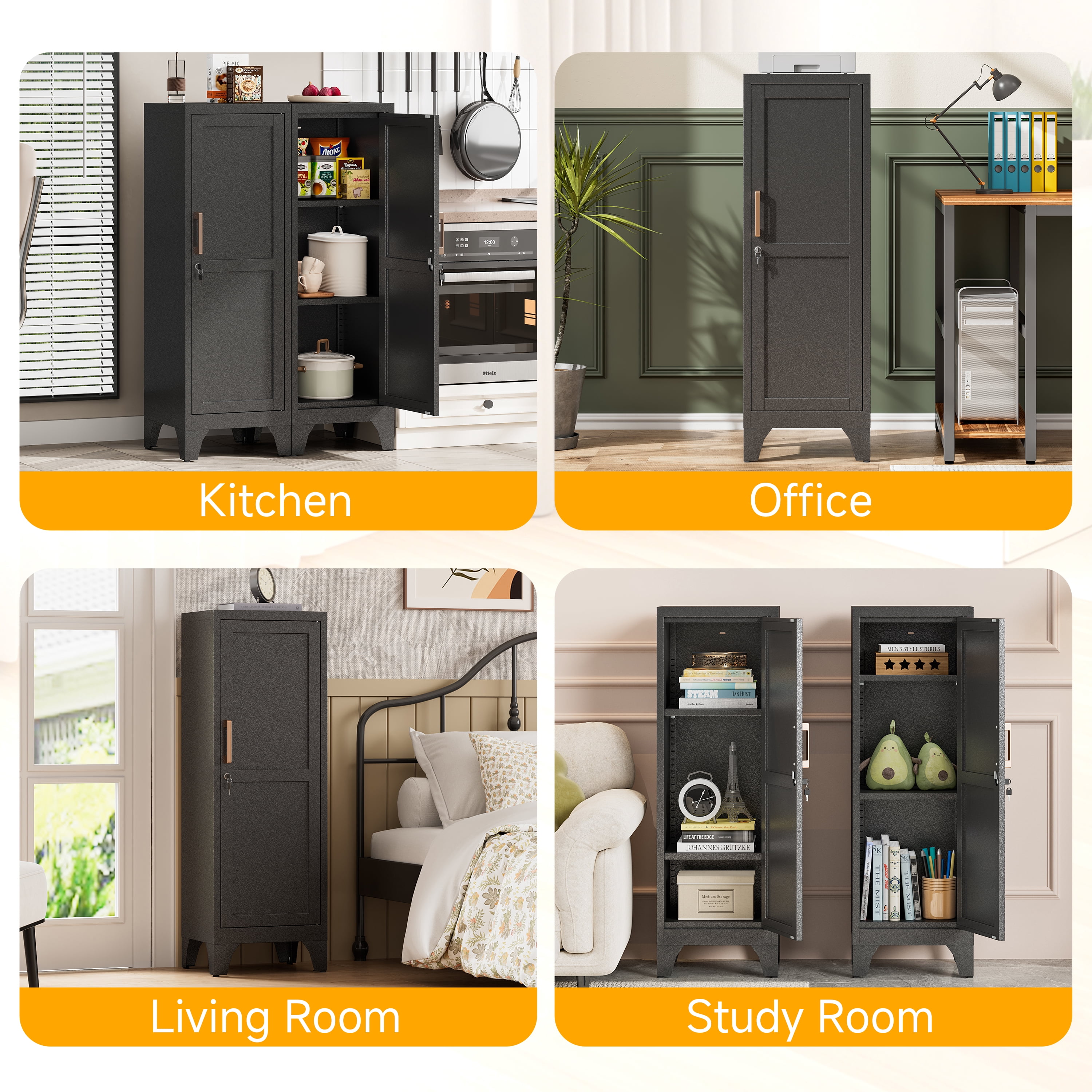 46"H Black Metal Pantry Cabinet with 1 Lockable Door and 2 Adjustable Shelves, 3 Tier Small Storage Cabinet with Detachable Legs and Vintage Handle for Kitchen,Home Office,Gym,School,Easy Assembly