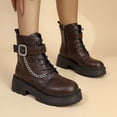 thumbnail image 7 of FRSASU Women's Buckle Chain Decor Platform Chunky Heel Boots Side Zipper Lace Up Non Slip Ankle Boots Brown, 7 of 7