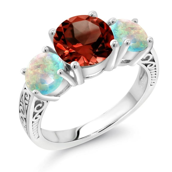 Gem Stone King 4.50 Ct Round Red Garnet White Simulated Opal 925 Sterling Silver 3-Stone Ring (Size 9)