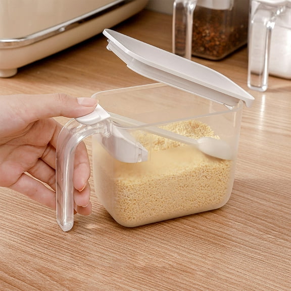 Seasoning Box with Spoons, White or Gray Sugar Jar with Lid, 14.7x9.5x6.8cm Airtight Kitchen Storage Containers for Spices & Powder, Non-slip Base & Easy-pour Spout for Home Cooks &