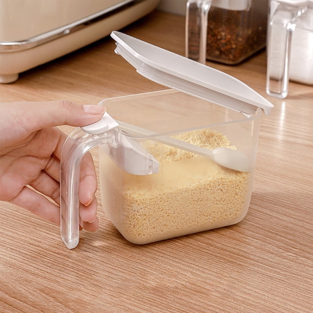 Seasoning Box with Spoon, Sugar Bowl Condiment Jar, Lid Design, Plastic Material, Keep Seasonings Fresh, Suitable for Home Kitchen Dining Restaurant