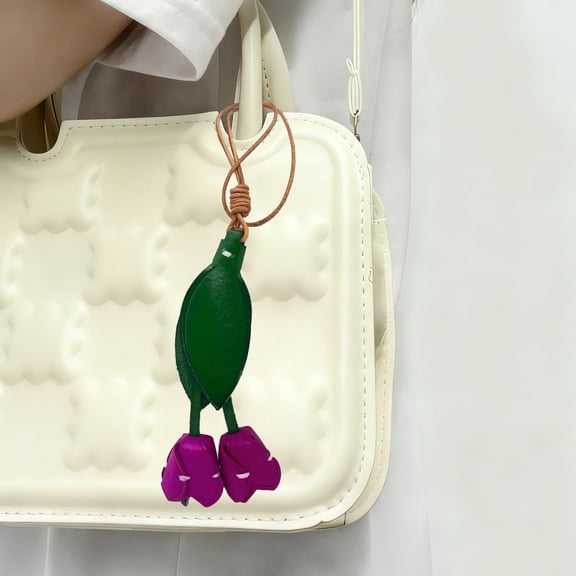 Car Hanging Decoration, Tulip Artificial Leather Keychain for Women, Bag Charm Car Mirror Decor Gift