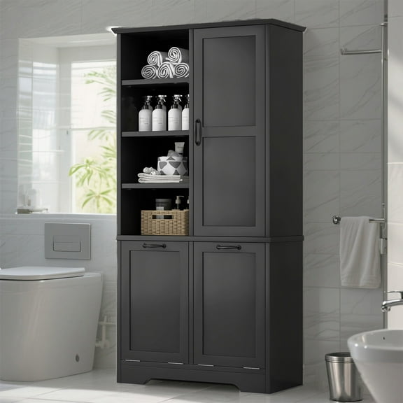 YIYADO Storage Cabinet with doors and drawers, tilted laundry basket, bathroom storage cabinet with adjustable shelves, Black