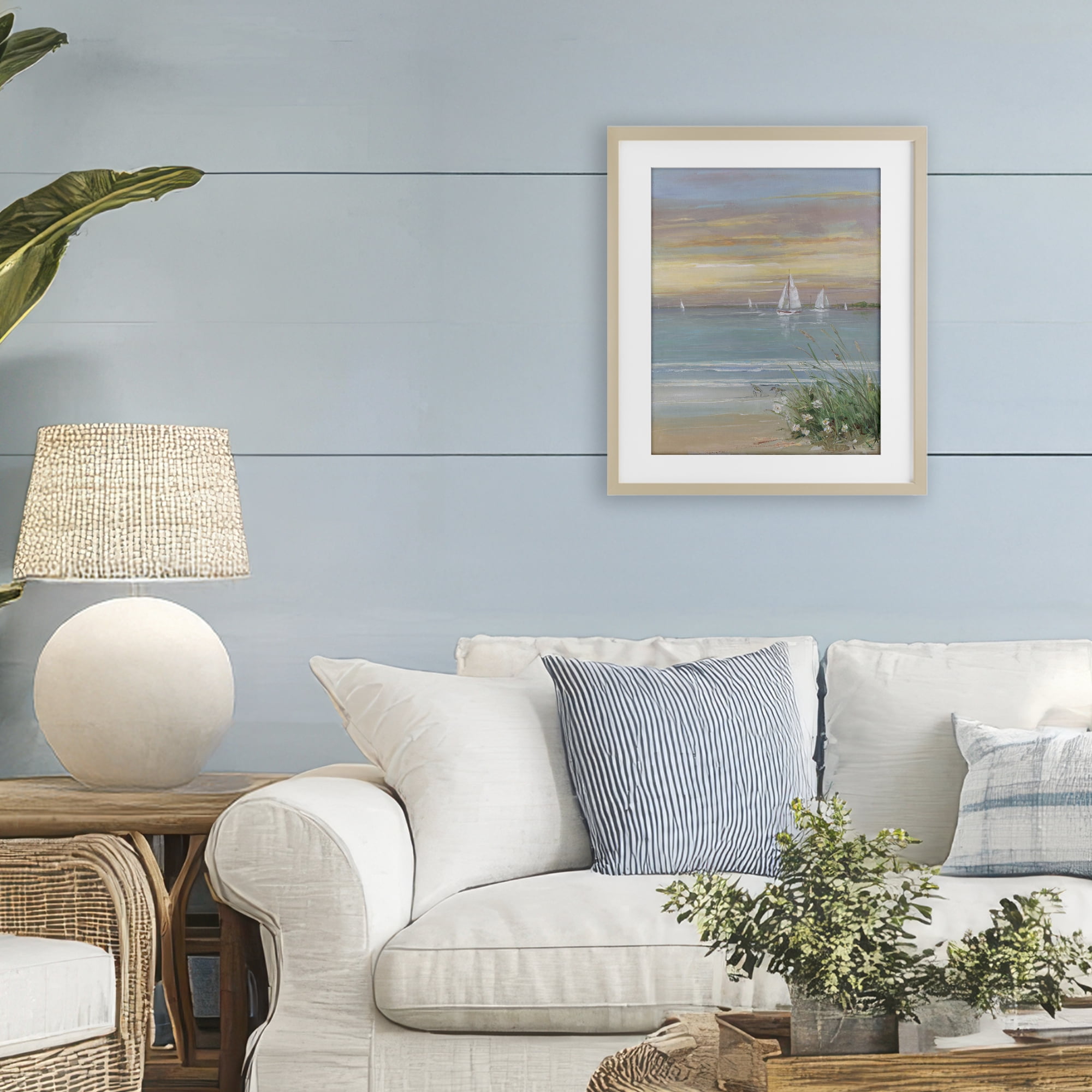 Stupell Industries Sailboats Beyond Sandy Shore Birch Framed Print Under Glass, design by Sally Swatland