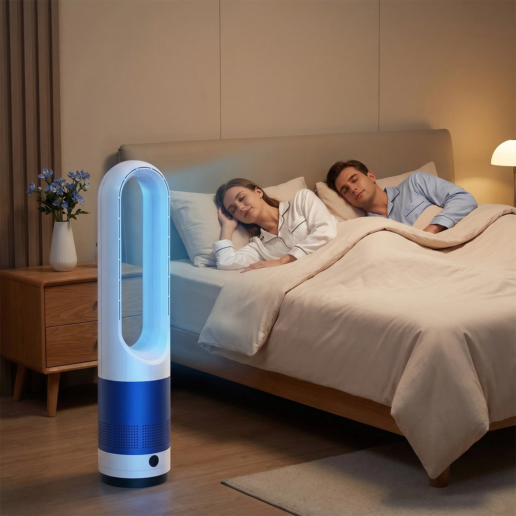 Simenmax 22'' Bladeless Tower Fan, 80° Oscillating Quiet Cooling Fan, 8 Speeds & 8H Timer, Remote Control with LED Display for Home Office Living Room,Blue