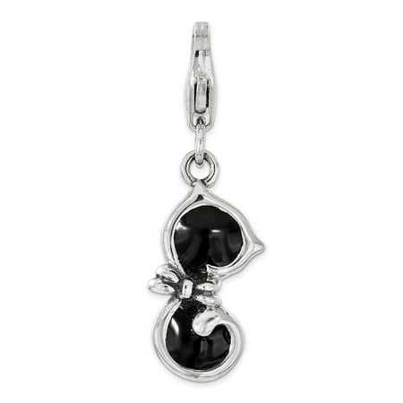 - 925 Sterling Silver Black Enameled Cat Lobster Clasp Pendant Charm Necklace Animal For Women