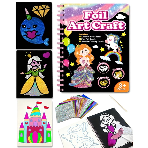 SkyMagic Foil Art Kit for Kids-DIY Foil Coloring Craft Activity, Birthday Christmas Gift for Girls Boys Ages 4-9